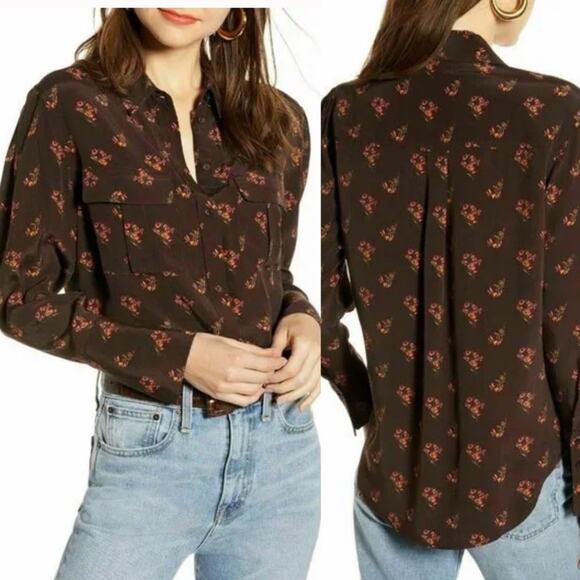 Something Navy Brown Ganache Bohemian Button Down Floral Top Size XS - Picture 8 of 8